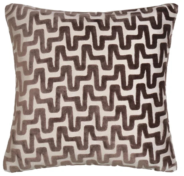 A square throw pillow featuring a repeating wavy zigzag pattern in dark brown on a warm off-white background.