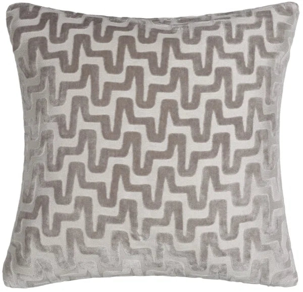 A square throw pillow featuring a textured, raised chevron pattern in taupe gray and off-white.