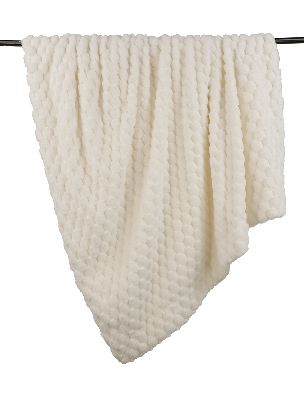 White textured blanket draped over a black rod on a white background