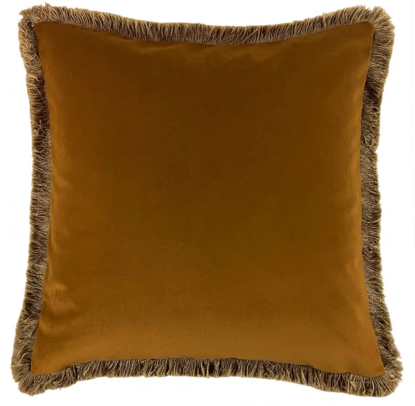 A square velvet throw pillow in a rich mustard-gold color, finished with a fringed border, shown against a plain white background.