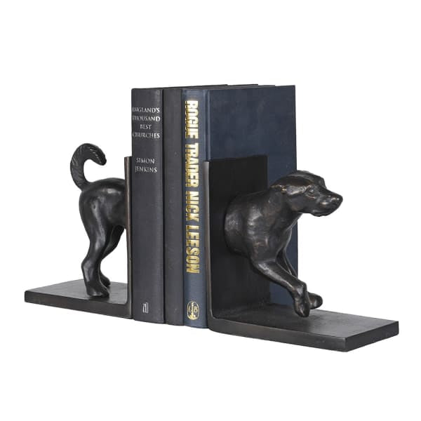 A pair of dog-shaped bookends holding up three books on a plain white background. The bookends are matte black metal, with one dog on the left standing and the other on the right crouching.