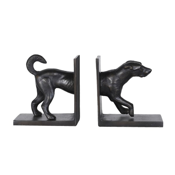 A pair of black metal dog bookends shaped like a lean dog standing on a rectangular base, shown on a plain white background.