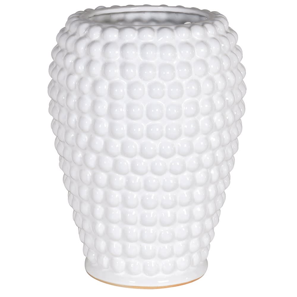 A white ceramic vase with a textured, bubble-like raised pattern, shown against a plain white background.