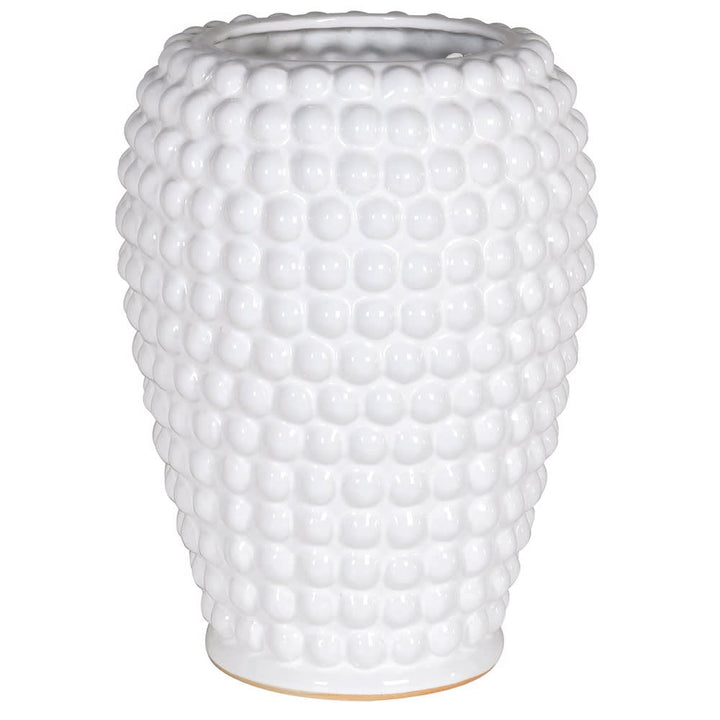 A white ceramic vase with a textured, bubble-like raised pattern, shown against a plain white background.