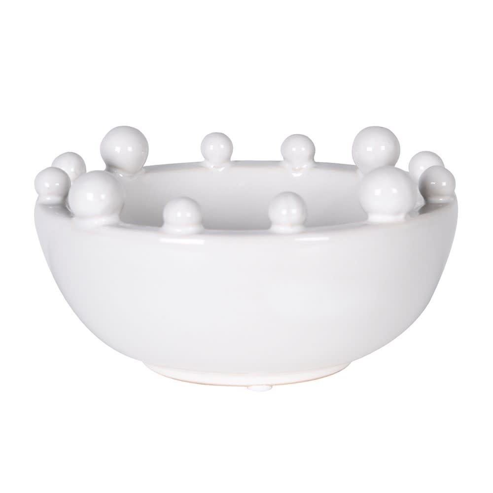 A white ceramic bowl with a raised rim of decorative spherical knobs, photographed on a clean white background.